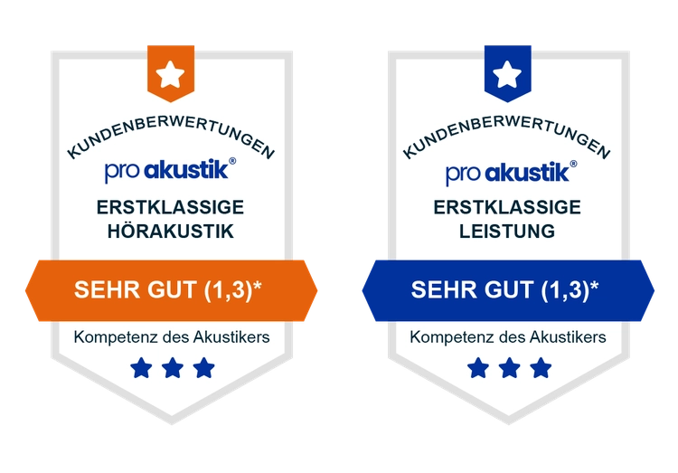 Siegel: Kundenbewertungen pro akustik – erstklassige Hörakustik und erstklassige Leistung, Sehr gut (1,3)